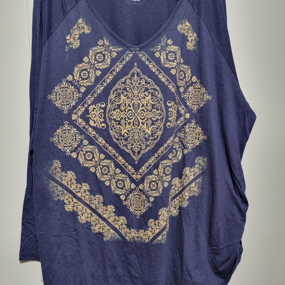 JMS Just My Size by Hanes Navy Blue Gold Medallion Ruched Side Tunic Top 5X - Picture 7 of 8